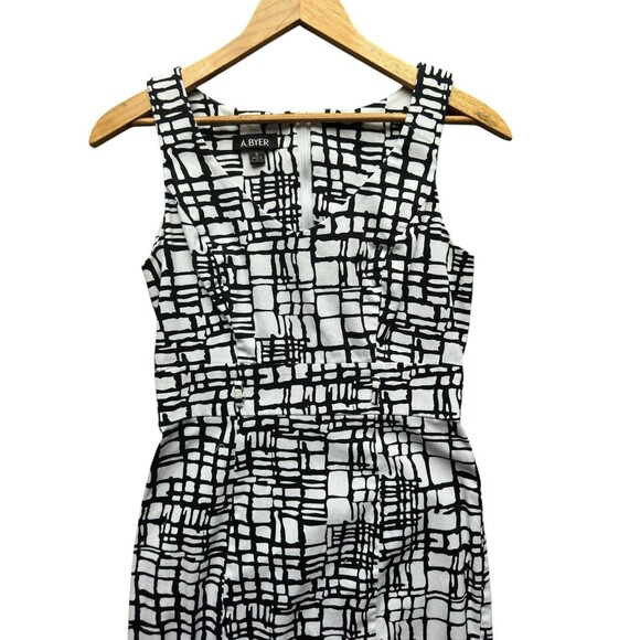 A Byer Black White Abstract Print Dress Sleeveless Fit Flare Size 5 Mod 60s - Picture 4 of 15